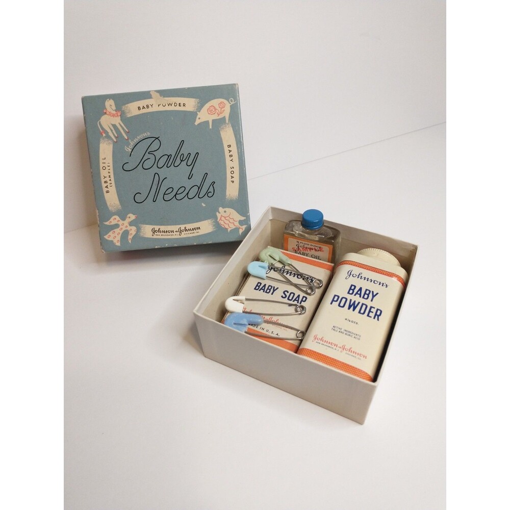 Vintage Johnson & Johnson Baby Needs Gift Box Set w/ Baby Powder & Baby Soap